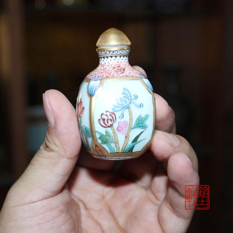 手绘粉彩四季花陶瓷鼻烟壶仿古工艺品