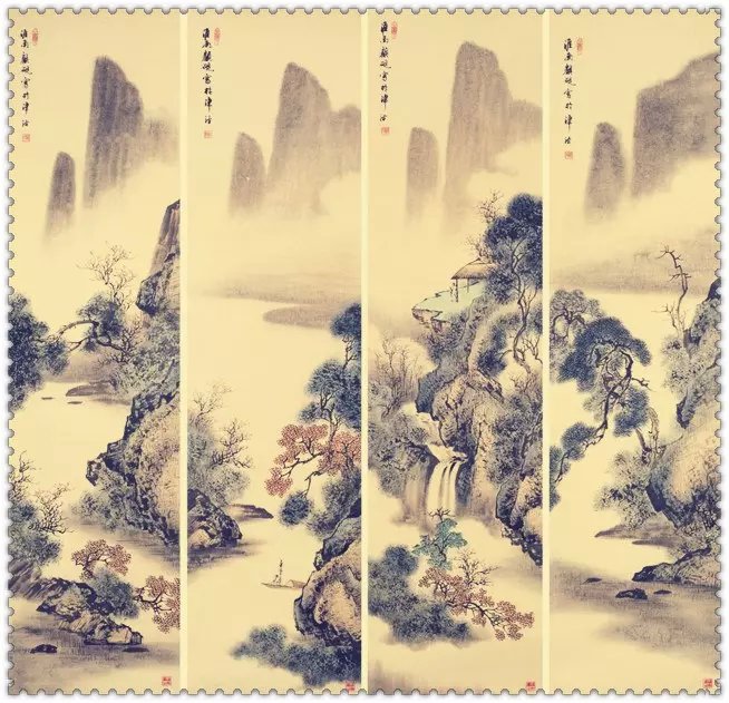 水墨四条屏山水花鸟国画欣赏（一）