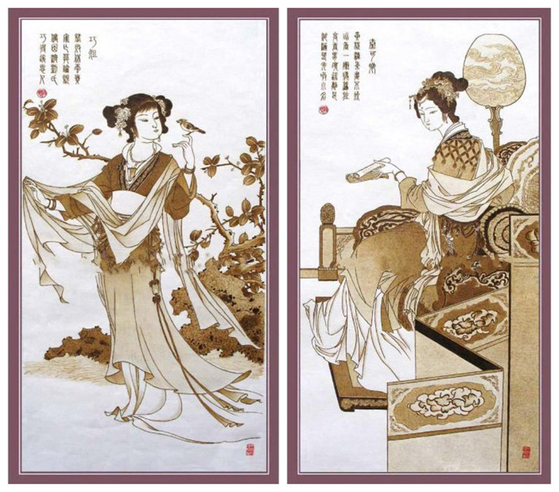 红楼梦金陵十二钗丝绢烙画作品