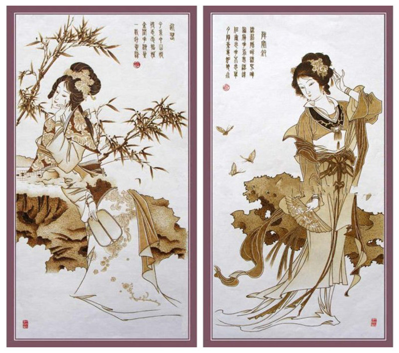 红楼梦金陵十二钗丝绢烙画作品