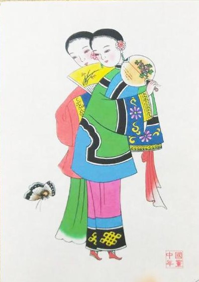 五款民间工艺年画，手绘仕女木版年画