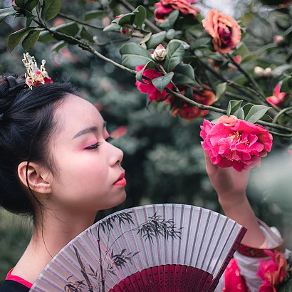 山茶花带折扇女生头像，唯美古风真人头像