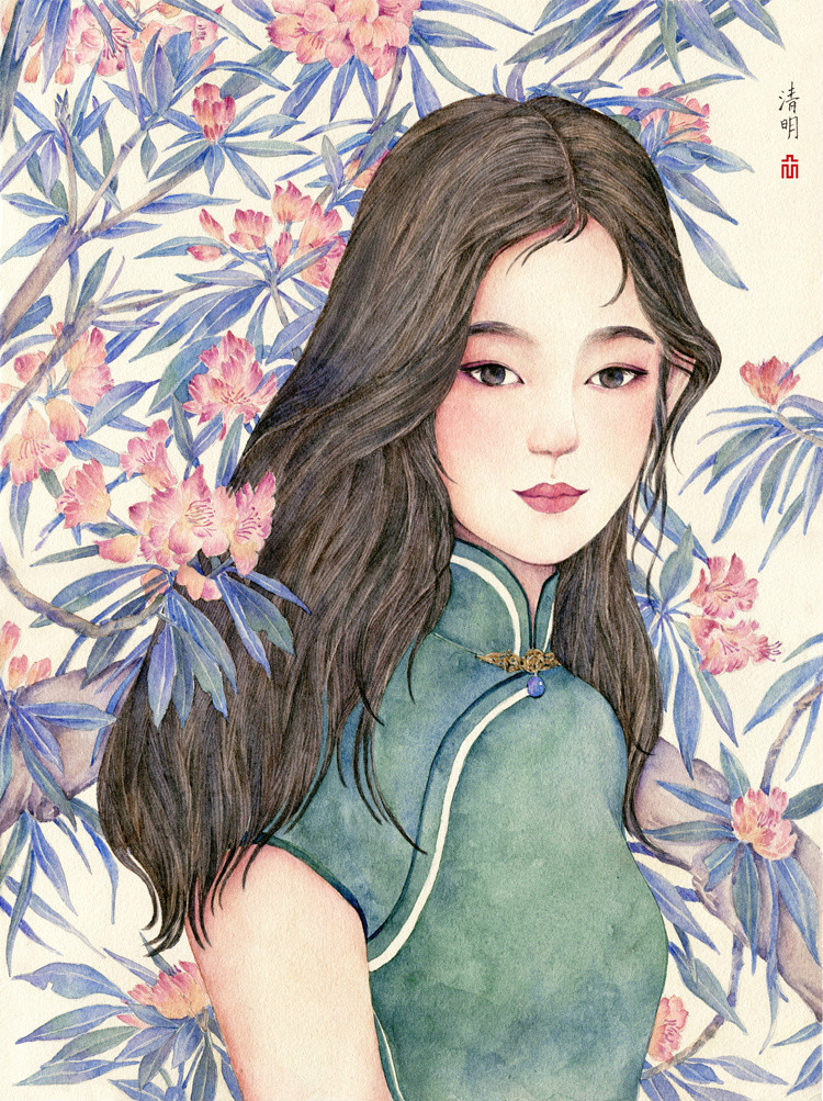 24节气水彩手绘插画，清新淡雅唯美女子插画