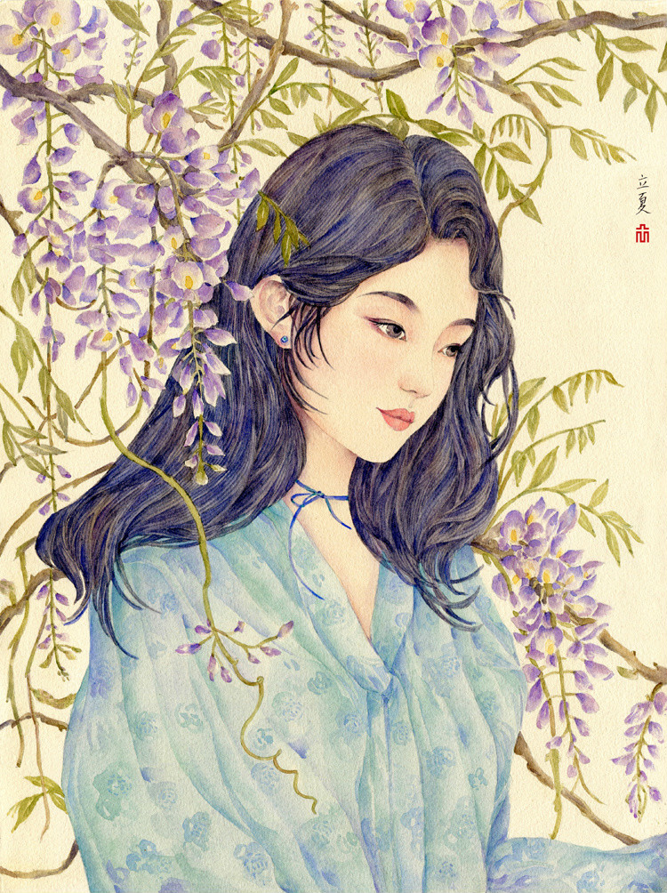 24节气水彩手绘插画，清新淡雅唯美女子插画