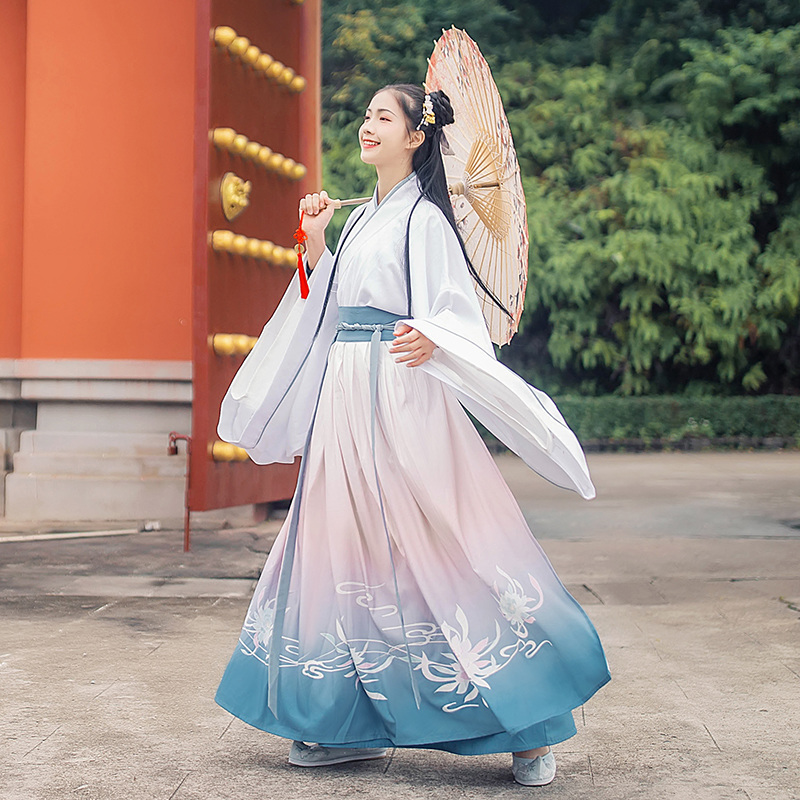 唯美昙花交领齐腰襦裙汉服，渐变印花汉服图片