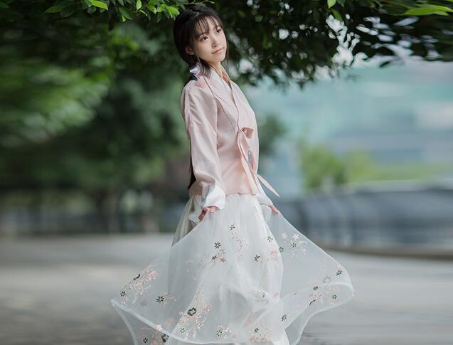 复古汉元素绣花汉服，交领汉服美女图片