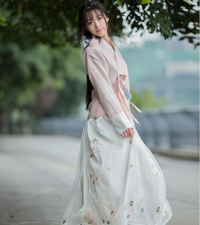 复古汉元素绣花汉服，交领汉服美女图片