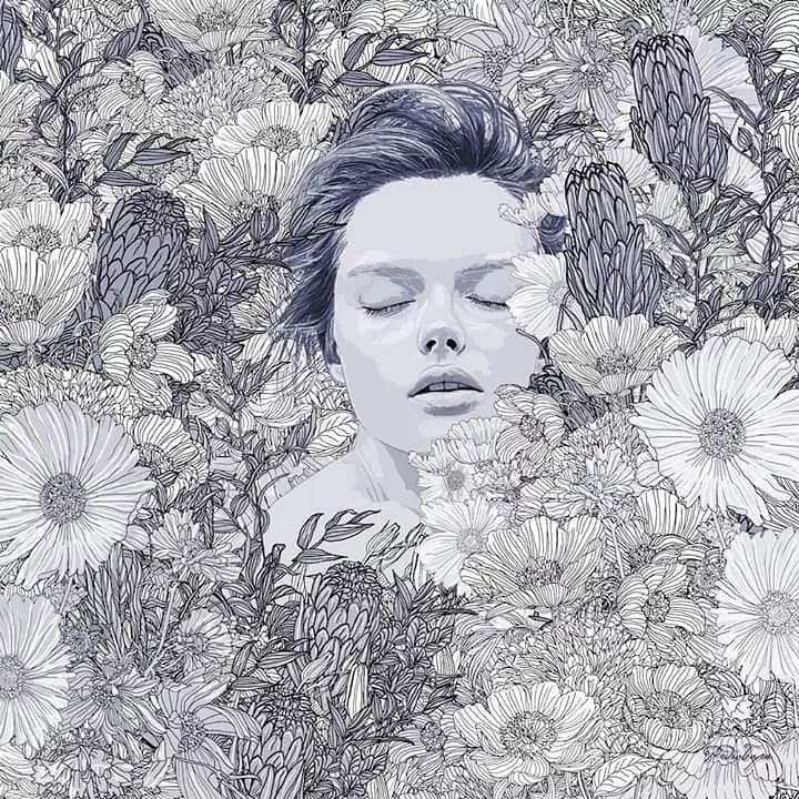 美人与花插画：用线条淋漓尽致展现女性魅力！