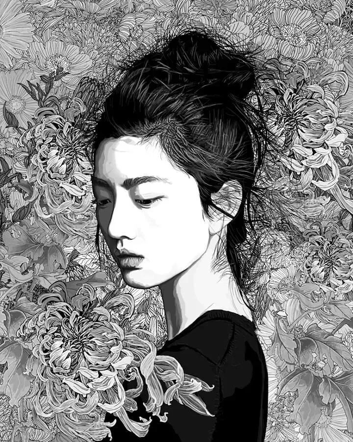 美人与花插画：用线条淋漓尽致展现女性魅力！