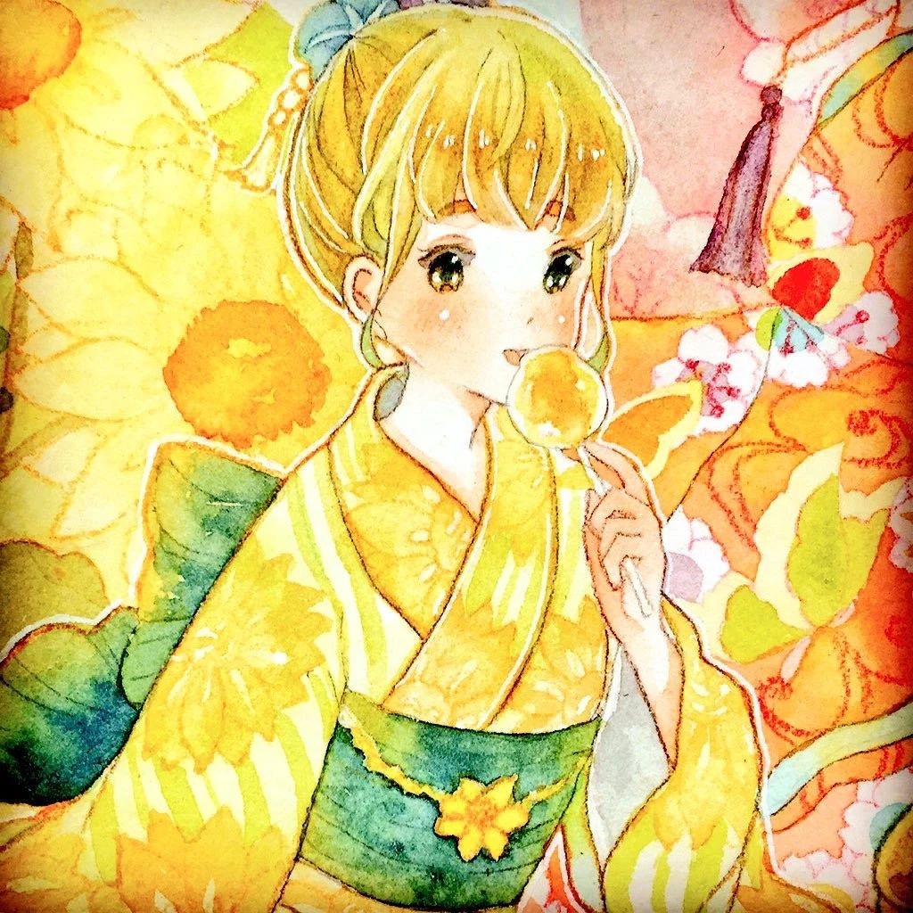 一组少女风的日系水彩插画：清新唯美萌妹纸