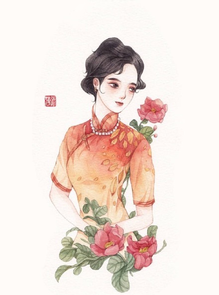 清新水彩旗袍女子插画唯美的古风插画图集