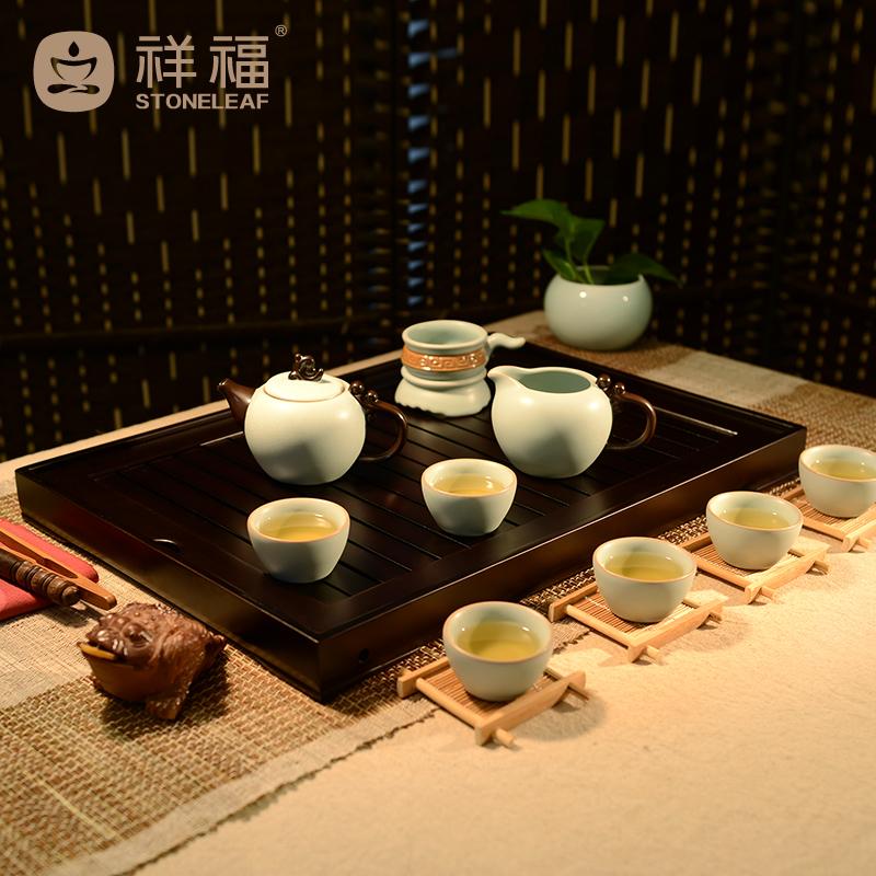 汝窑陶瓷功夫茶具实木茶盘图片