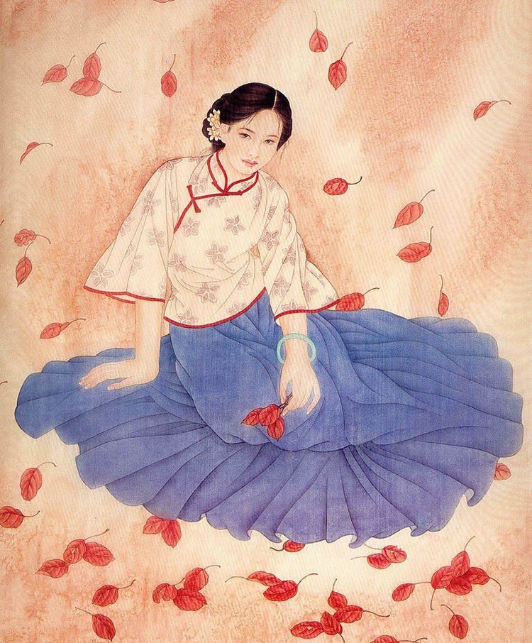 国画名作：《秋叶女儿情》