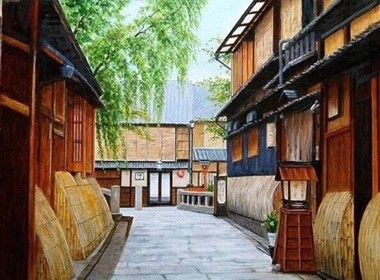 东京小镇街头建筑水彩插画设计