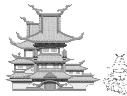 中国风古建筑单体正视稿设计 