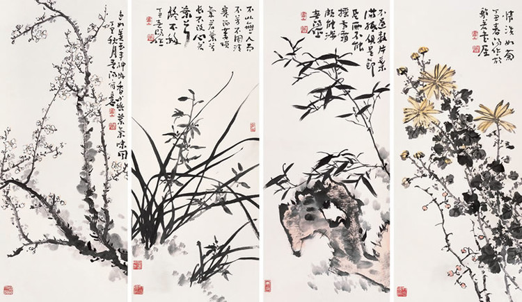 四季国画艺术：20幅中国传统国画梅兰竹菊四屏