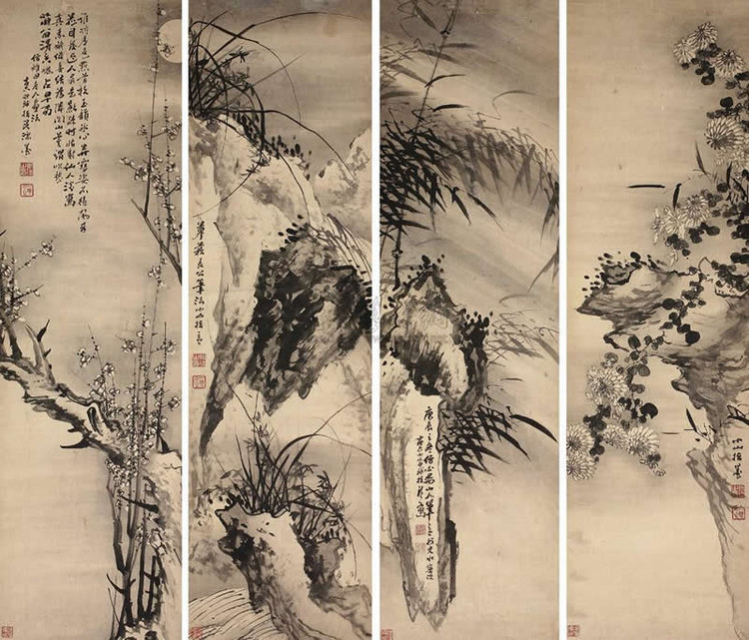 中国传统绘画梅兰竹菊四屏