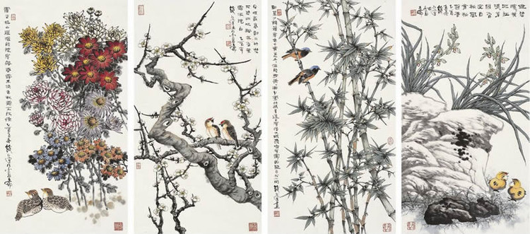 四季国画艺术：20幅中国传统国画梅兰竹菊四屏