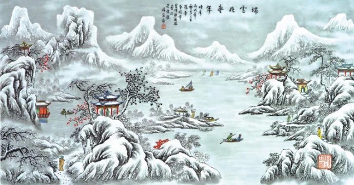 千山瑞雪主题创意瓷板画艺术